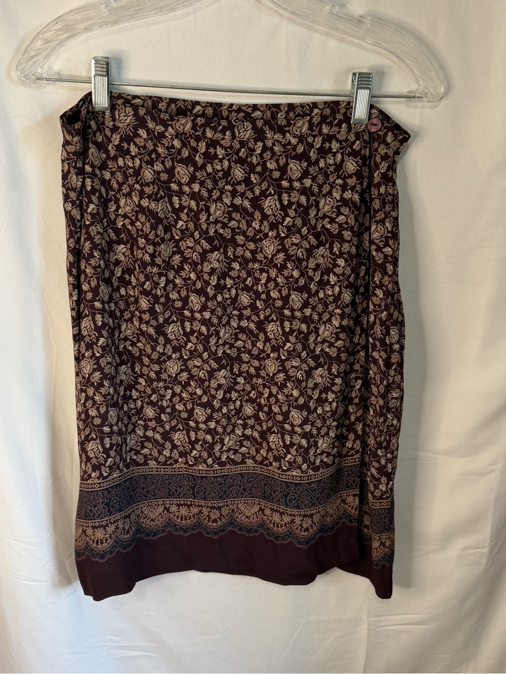 Casual Corner Maroon Floral Midi Wrap Skirt with Cream Border
